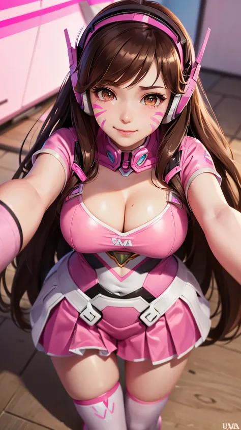 brown hair, Overwatch, D.VA, very long hair, Pink Headset, Dva Facepaint, pupils sparkling, Pink Eye Colour, unconscious, seductive smile, Big Tits, D.VA Costume, from above, UHD, masterpiece, high details, high quality, best quality, highres