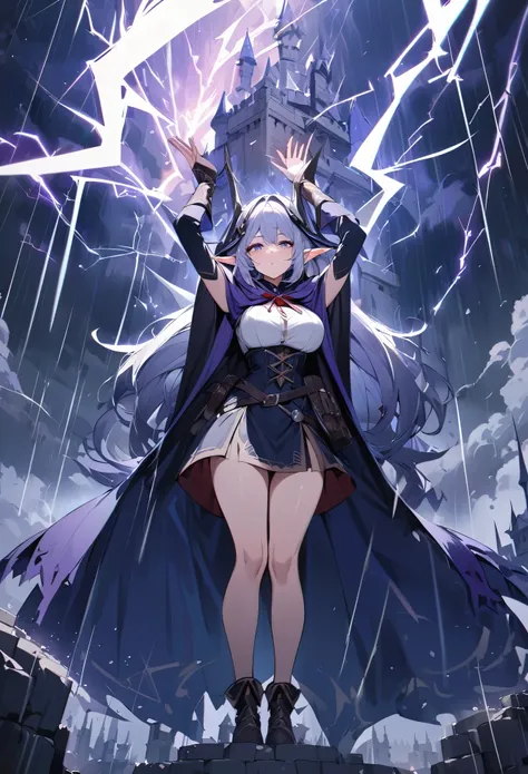 Masterpiece, absurdes, ultra detailed, 1girl, busty elf mage small waist, mage cloak, casting a spell, arms raised in the air, lightning emerging from her fingers, standing on a castle tower, thunderstorm, rain