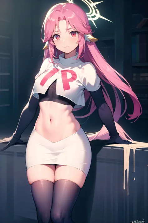 ,best quality,(masterpiece:1.3),cinematic lighting,
ngnl_jibril,long hair,pink hair,halo,team rocket,team rocket uniform,white skirt,red letter R,crop top,black thigh-highs,black elbow gloves,