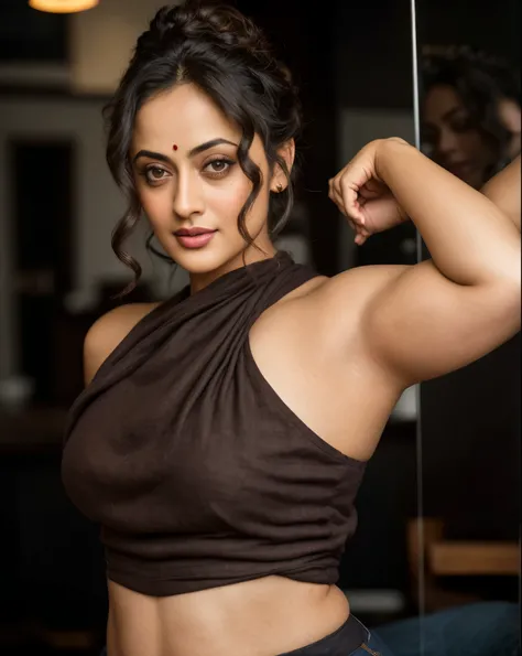 Looks like Sandeepa Dhar, a photo portrait of a beautiful girl 40 years old, mommy figure, fleshy figure, with curls, styled black hair, (face portrait:1.5), dramatic light, Rembrandt lighting scheme, bust shot, linen tank top , top quality editorial photo...