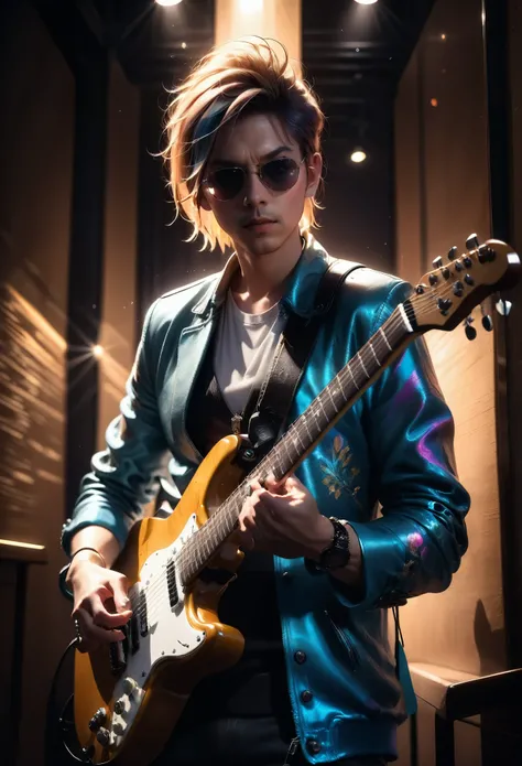 Guitarist, a guitarist playing an electric guitar, detailed, 8k, cinematic lighting, dramatic pose, intense expression, intricate guitar details, strings and fretboard visible, chiaroscuro lighting, dramatic shadows, moody atmosphere, cool color tones