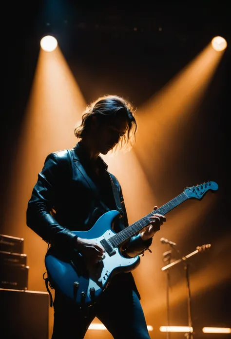 Guitarist, a guitarist playing an electric guitar, detailed, 8k, cinematic lighting, dramatic pose, intense expression, intricate guitar details, strings and fretboard visible, chiaroscuro lighting, dramatic shadows, moody atmosphere, cool color tones