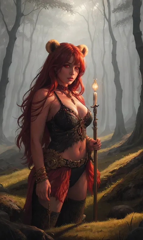 advdnd2023, novel illustration, intricate art, 1girl, female, a woman, redhead, wearing a bear skin, positioned in a dense forest, glowing red eyes, detailed painting style, mysterious atmosphere,realistic light and shadows, painting, open field