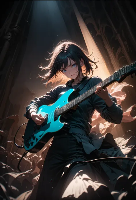 Guitarist, a guitarist playing an electric guitar, detailed, 8k, cinematic lighting, dramatic pose, intense expression, intricate guitar details, strings and fretboard visible, chiaroscuro lighting, dramatic shadows, moody atmosphere, cool color tones