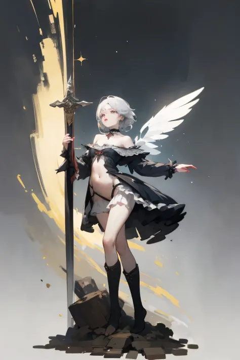  ((best quality)), ((masterpiece)), (detailed), 1girl, off-shoulder, Character design, female, dynamic poses, long white grey hair, grey white eyes, very skinny, detailed, best quality, no accesoires around the neck, no shoes, prominent collarbones, skinny...