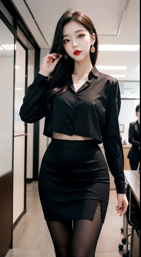 Beautiful Girl, Korean makeup, Red lips, Perfect body, medium chest, thigh, walk, Going, secretary, office, necklace slit shirt, Pencil skirt, black tights, View of the office,