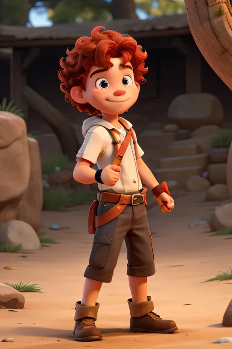 I want a curly red-haired boy with a slingshot in his hand and wearing a warrior outfit.