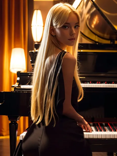 Girl of European appearance blonde at the piano photo with her back 