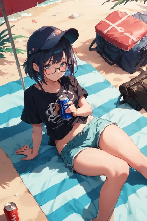 score_9, score_8_up, score_7_up, BREAK,
 masterpiece, best quality, 1girl, beach, sitting on a beach towel, short hair, glasses, t-shirt, shorts, cap, blush, summer, soda can, bag