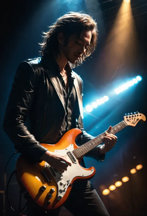 guitarist, a guitarist playing an electric guitar, detailed, 8k, cinematic lighting, dramatic pose, intense expression, intricat...