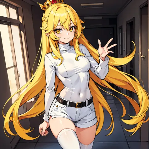 (Artwork, Best Quality) A girl with bright yellow long hair, yellow eyes, black eyelashes, white turtleneck shirt, white shorts, white long socks, with a small red crown on her head, smiling, medium breasts, perfect body, 4k HD, eyes beautiful, in a corrid...