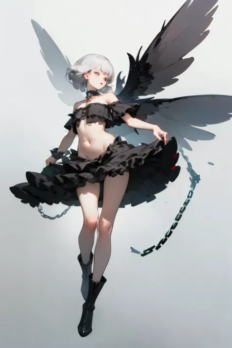  ((best quality)), ((masterpiece)), (detailed), 1girl, off-shoulder, Character design, female, dynamic poses, long white grey hair, grey white eyes, very skinny, detailed, best quality, no accesoires around the neck, no shoes, prominent collarbones, skinny...