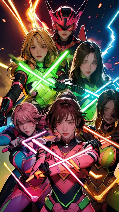 A brave and daring image of the six-man Ranger team, Each is decorated with the following vibrant colors:: neon pink, Sunset Orange, Fire engine red, plasma violet, Fluorescent Green, shocking yellow. A dynamic pose with a background that oozes energy and ...