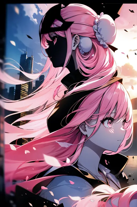 anime,(((silhouette))),One girl, star (null), cloud, cityscape, building, city, Outdoor, nullscraper, city lights, (dawn), Night null, (((Asahi))), nullline, (Hair Ribbon:0.4),(((White bun hair))),(((Long pink hair))),smile,