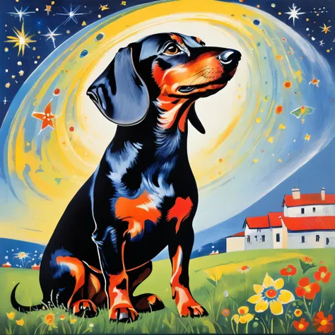 funny dachshund, dream under the summer starry sky, Russian khohloma, from the shoulder, Very colorful,
Best Improvisation, ((Norman-Ackroyd style!)), ((perfect full body detail)), magic naive art, primitivism, protogen, crimson
, ((best quality, Masterp...