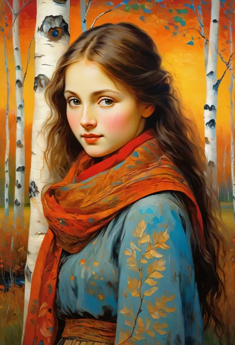 a young russian girl, against the background of a crimson sunset, complex detailing, aged canvas, "the girl by the white birch" ...