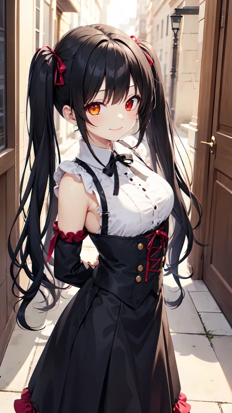 masterpiece, Best Quality、street、Place your arms behind your back、Black Hair, Long twin tails, (Yellow Eyes:1.2), Heterochromia iridis, (Red eyes:1.2),tokisaki kurumi、smile,Gothic Lolita Clothing Accessories、Victor Tokisaki Kurumi、Lear Maid&#39;s Tiara、Bla...