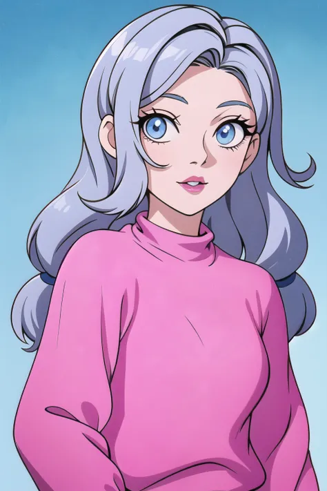 Girl, long gray hair, sky blue eyes, sharp features, white skin, bright pink lips, beautiful, sweater