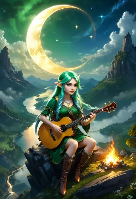 fantasy art, RPG art, a female elf playing (aether guitar: 1.3), she sits on the top of the mountain at night, exquisite beautiful female elf, (green hair: 1.4), long hair, (blue eyes: 1.30, wearing dynamic clothing, playing (aether guitar: 1.3) aetherpunk...