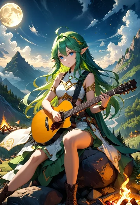 fantasy art, RPG art, a female elf playing (aether guitar: 1.3), she sits on the top of the mountain at night, exquisite beautiful female elf, (green hair: 1.4), long hair, (blue eyes: 1.30, wearing dynamic clothing, playing (aether guitar: 1.3) aetherpunk...