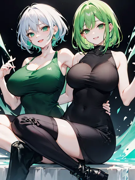 A woman, short light green hair, emerald eyes, wearing a black tank top, dress pants with black boots, with a big euphoric smile.