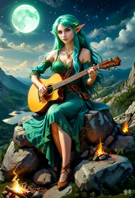 fantasy art, RPG art, a female elf playing (aether guitar: 1.3), she sits on the top of the mountain at night, exquisite beautiful female elf, (green hair: 1.4), long hair, (blue eyes: 1.30, wearing dynamic clothing, playing (aether guitar: 1.3) aetherpunk...