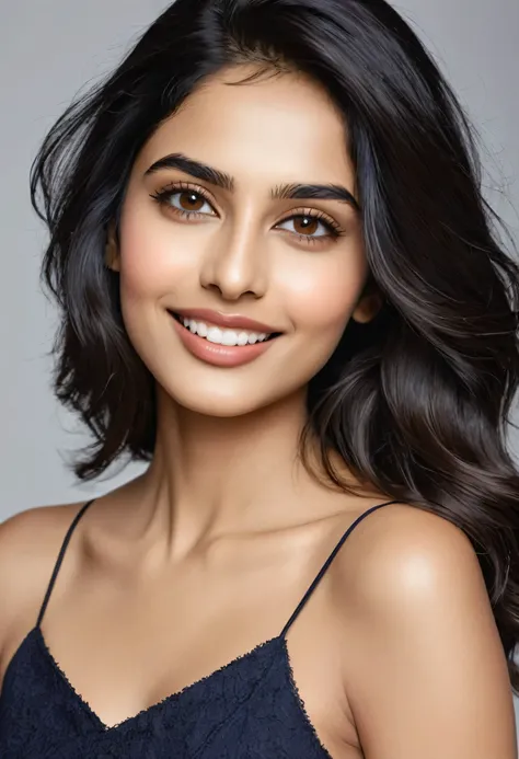 The face of an Indian woman with fair skin and brown-blonde hair. She has striking almond-shaped eyes, a straight, delicate nose, and full lips that curve into a gentle smile. Her black hair frames her face in soft waves, with subtle highlights that catch ...