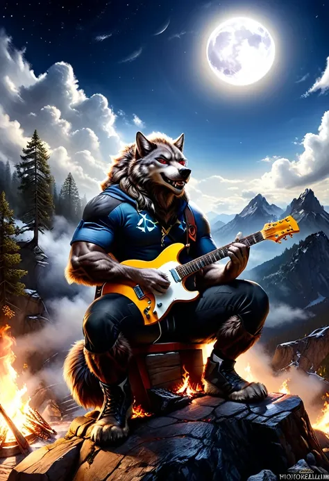 fantasy art, RPG art, a werewolf playing (aether guitar: 1.3), he sits on the top of the mountain at night, strong muscular werewolf, dynamic fur color. (red eyes: 1.30, wearing (dynamic clothing: 1.5), playing (aether guitar: 1.3) aetherpunkai, near a cam...