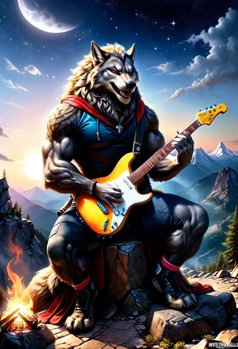 fantasy art, RPG art, a werewolf playing (aether guitar: 1.3), he sits on the top of the mountain at night, strong muscular werewolf, dynamic fur color. (red eyes: 1.30, wearing (dynamic clothing: 1.5), playing (aether guitar: 1.3) aetherpunkai, near a cam...