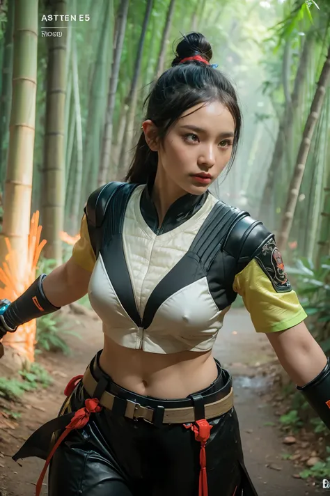 bamboo forest background，A look of determination，colorful vivid octane render, cybernetic and highly detailed, loba andrade from apex legends, created in unreal engine 5, made in unreal engine 5, trending on unreal engine 5, Antique portraits, Martial arts...