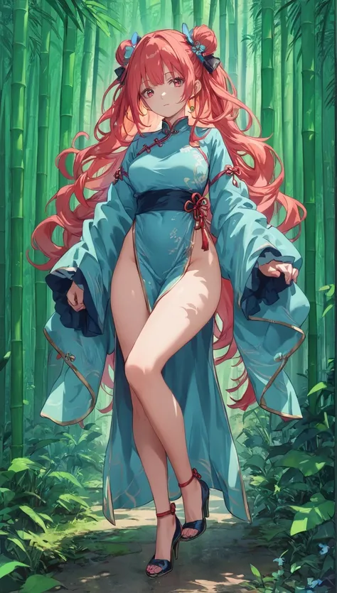 score_9, score_8_up, score_7_up, BREAK,
bamboo forest，pretty Woman, 1 girl, Full body image, red，chiffon， chinese clothes， High heel