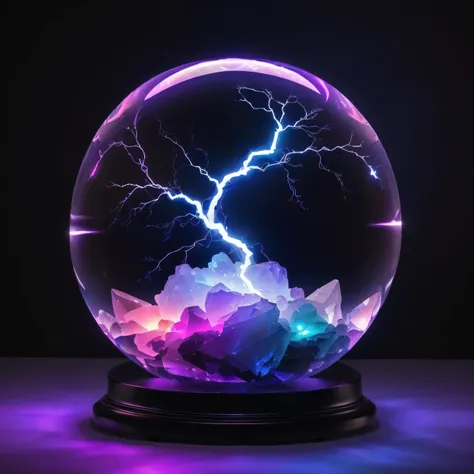 A beautiful translucent pale orb containing lightning, crystal clear, Fancey stand, time distortion, high quality, RGB the everything, masterpiece, best resolution, detailed, fantasy, mystic, HD, 8k