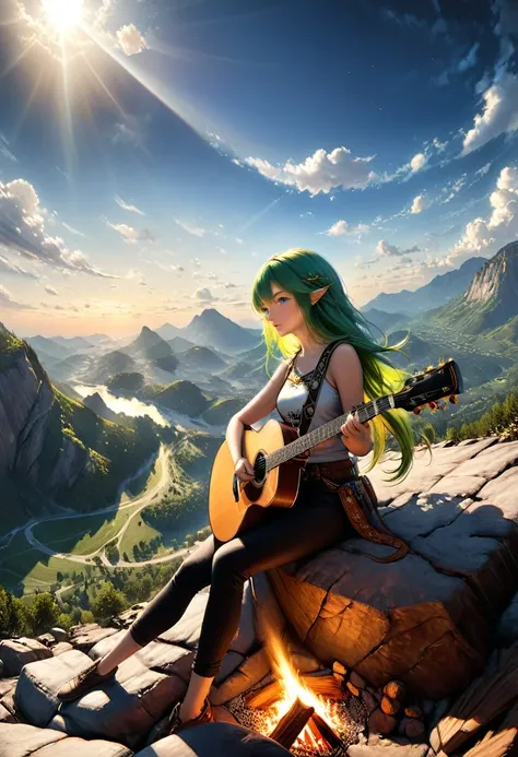 fantasy art, RPG art, a female elf playing (aether guitar: 1.3), she sits on the top of the mountain at night, exquisite beautiful female elf, (green hair: 1.4), long hair, (blue eyes: 1.30, wearing dynamic clothing, playing (aether guitar: 1.3) aetherpunk...