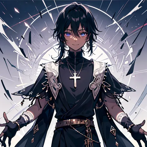 （Tabletop、）solo、Black-haired man, Dark skin、Wearing large earrings and a cross necklace (Translucent and intricately embroidered) 、There is a smile in his dark eyes, Wearing strange futuristic fashion,、 The prince&#39;s luxurious and intricate clothing、Exq...