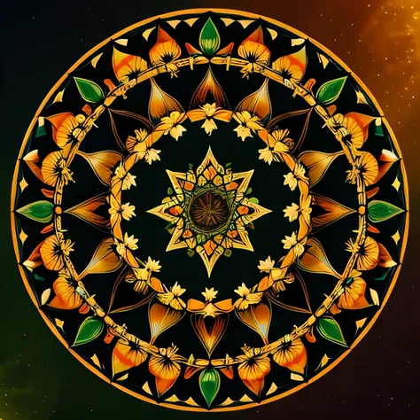 A beautiful mandala that is starting from a eight pointed star in the center, growing in forest green leaves and orange flecked with yellow light, like the crown of a tree, shining bright, growing in symmetrical designs and arabesques, adorned with flowers...