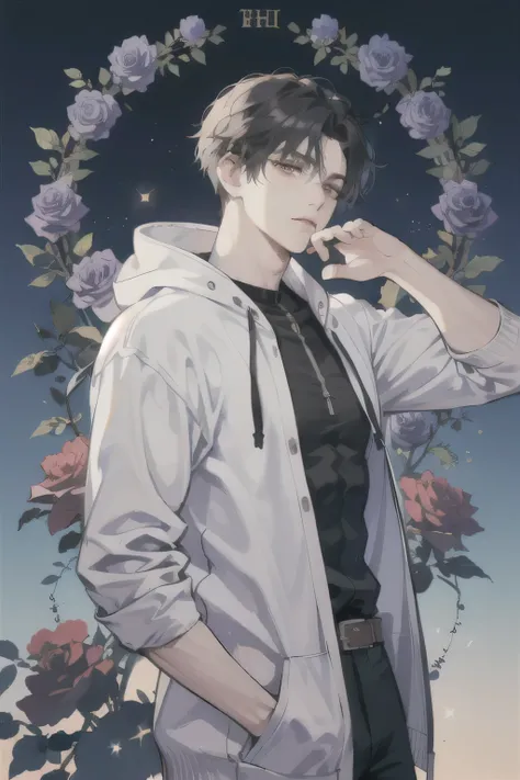 Anime boy,strong body,slant eyes,sad expression,handsome,smooth face,wearing hoddie,Korean side parted hairstyle, anime jelly, ultra HD, modern house background, cool pose, only half body, around him there are blue roses, very handsome, Korean model
