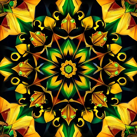 A beautiful mandala that is starting from a eight pointed star in the center, growing in forest green leaves and orange flecked with yellow light, like the crown of a tree, shining bright, growing in symmetrical designs and arabesques, adorned with flowers...