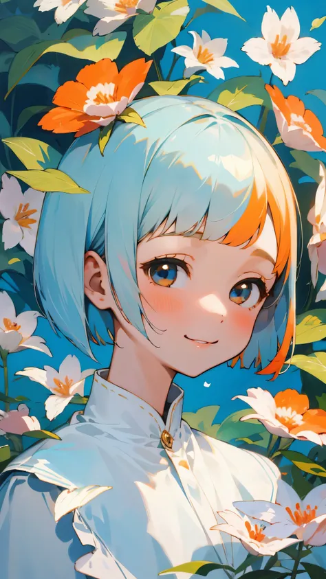 （highest quality，masterpiece，Surreal），Beautiful and delicate girl portrait，Playful and cute，Background Petals fluttering，Light blue hair、Bobcut、Orange hair ornament、Dark Eyes、smile、