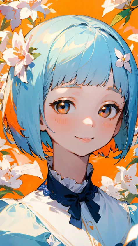 （highest quality，masterpiece，Surreal），Beautiful and delicate girl portrait，Playful and cute，Background Petals fluttering，Light blue hair、Bobcut、Orange hair ornament、Dark Eyes、smile、