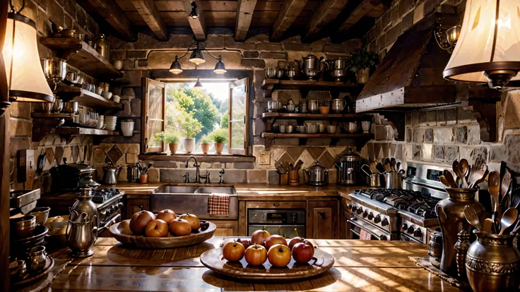 Capture the essence of a bygone era in vivid detail: Create an ultra-high definition, hyper-realistic image of a rustic kitchen nestled in the heart of an ancient village. From the flickering light of the hearth to the weathered wooden shelves of the antiq...