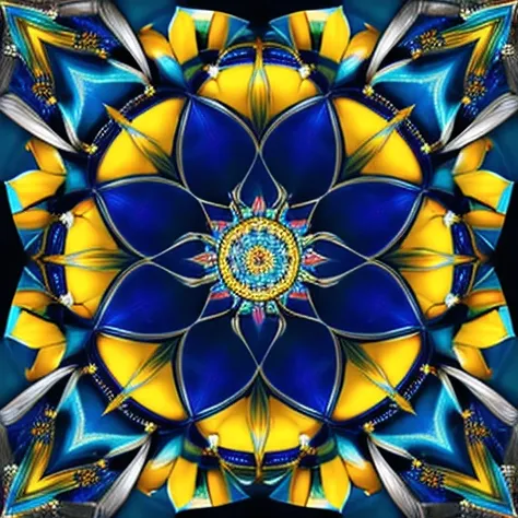 A beautiful mandala that is starting from a square in the center, growing in electric blue light and chromed circuitry flecked with yellow,shining bright, growing in symmetrical designs and arabesques, adorned with silver, digital art, masterpiece, highly ...