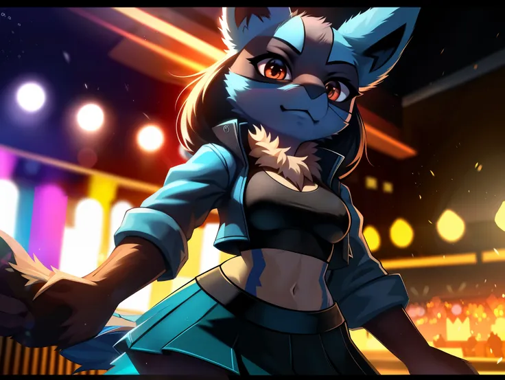 ((lucario)), ((solo)) wolf, blue fur, spikes, breasts, black crop top, ((blue open jacket)), skirt, dynamic pose, looking at vie...