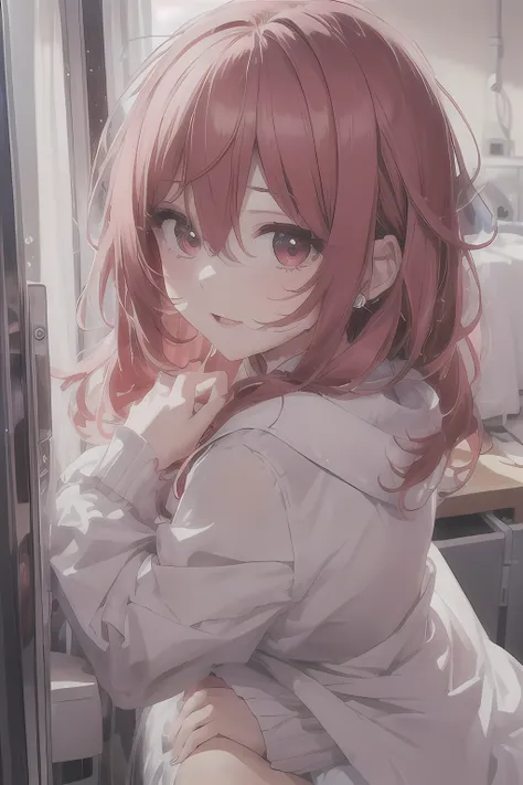 1 girl, Redhead, Facial hair, Red eyes, 8k, masterpiece, sexy、Bedroom、erotic、High Contrast、cute、hospital、Half naked、Hospital room、Doctor's coat、underwear