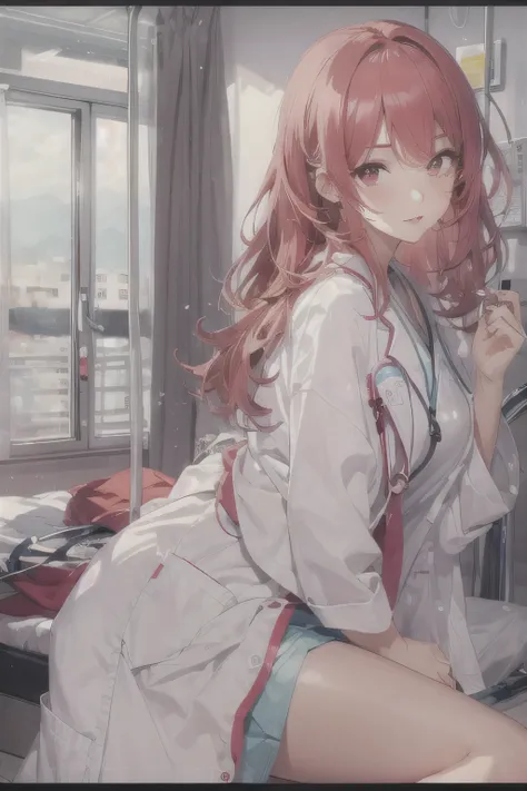 1 girl, Redhead, Facial hair, Red eyes, 8k, masterpiece, sexy、Bedroom、erotic、High Contrast、cute、hospital、Half naked、Hospital room、Doctor's coat、underwear