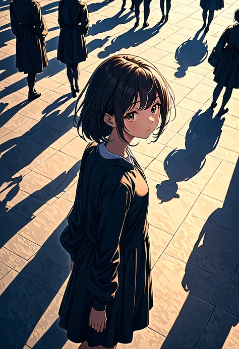 a beautiful girl surrounded by many shadows