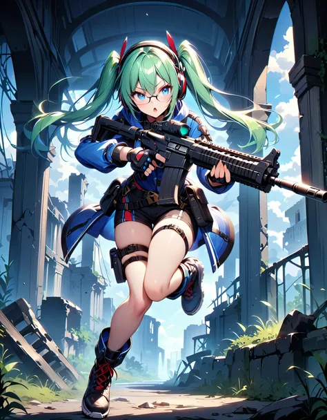 best quality, masterpiece, 1girl, assault rifle, blue eyes, full body, gloves, green hair, pigtails, gun, handgun, headset, holding gun, holding weapon, holster, kochiy sanae, open mouth, pistol, solo, thigh holster, thigh strap, trigger discipline, weapon...