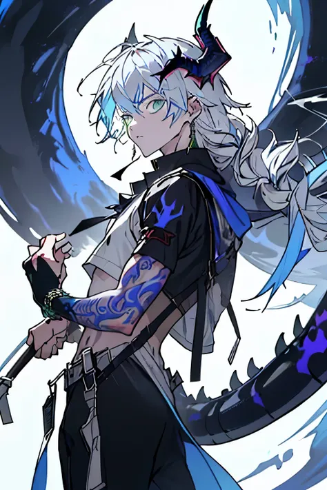 an anime man 1.80 tall (long silver hair) with (green eyes) with (a scar on his forehead in x) and (several tattoos on his body with a blue color but the most striking is one that resembles a dragon in your back) 

clothes (he wears a torn cloak and a ches...