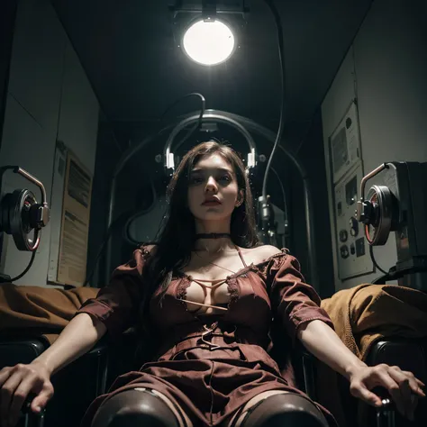 Theres a woman dressed in lingerie sitting spread legs while undergoing a medical treatment, horror vibes, legs wide open, cameltoe, horror aesthetic, horror sci Fi, ultra detailed, photorealistic, masterpiece.