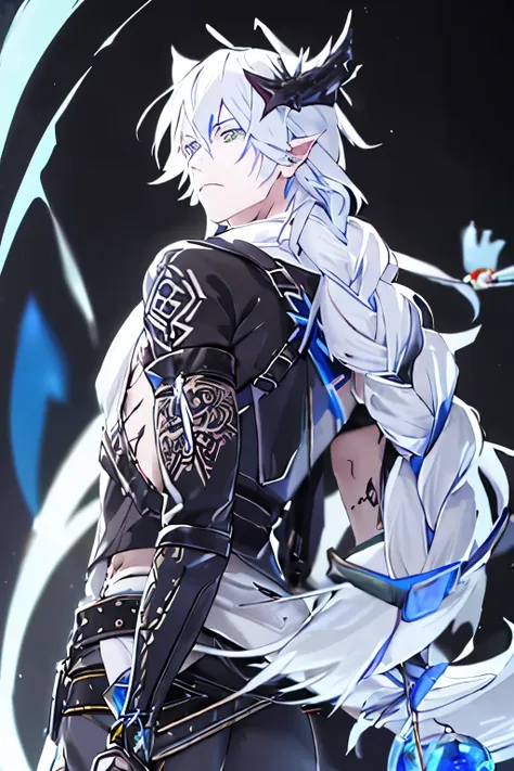 an anime man 1.80 tall (long silver hair) with (green eyes) with (a scar on his forehead in x) and (several tattoos on his body with a blue color but the most striking is one that resembles a dragon in your back) 

clothes (he wears a torn cloak and a ches...