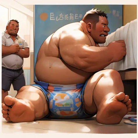 masterpiece, Top quality, in 32K, perfect anatomy, hyper detailed, super fine illustration, The thick man is a brutal prisoner, retarded, hairy human, 50yo in Japan, (fatness: 1.0), Fatty muscle, Bowleg, disappointment, incontinent, be diaper check by chil...